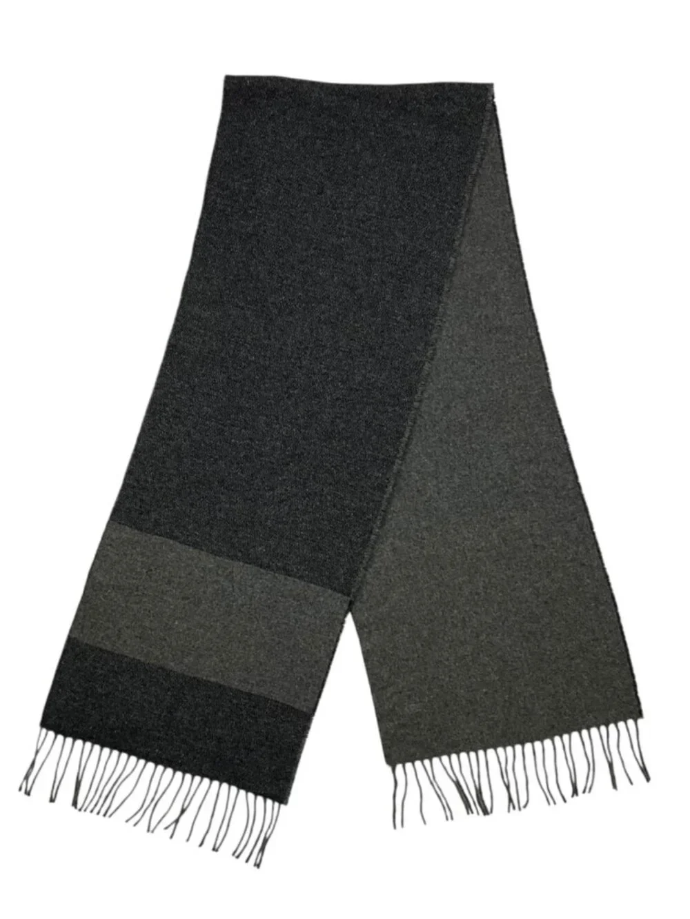 Italian Woollen Treasures Wool Scarf Gray Blue Striped Fringe NEW